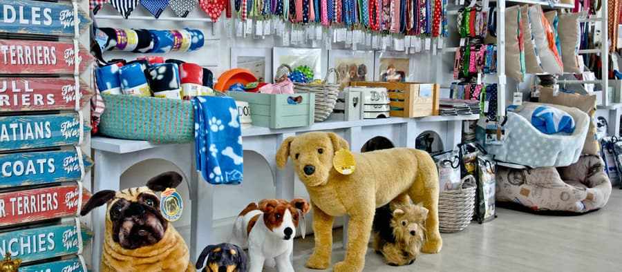 The dog luxuries display inside Bertie and Crew, leads and treats and coats.